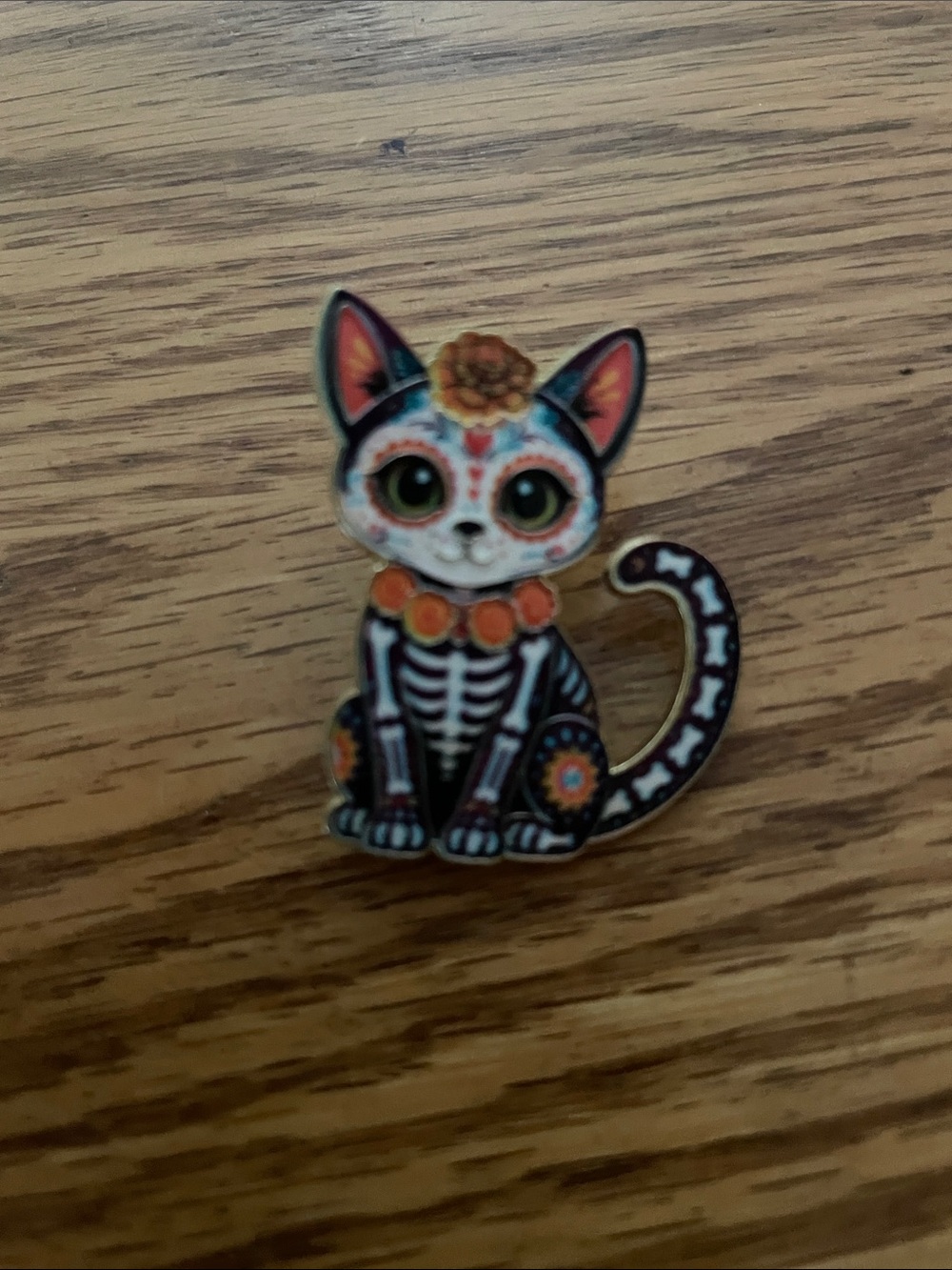 Day of the Dead Style Cat Enamel Pin – Black & Orange